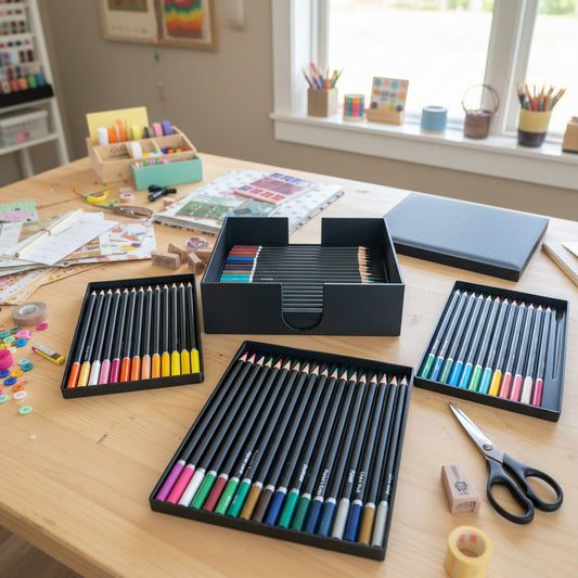 Art supplies including colored pencils, scissors, and stationery on a table.