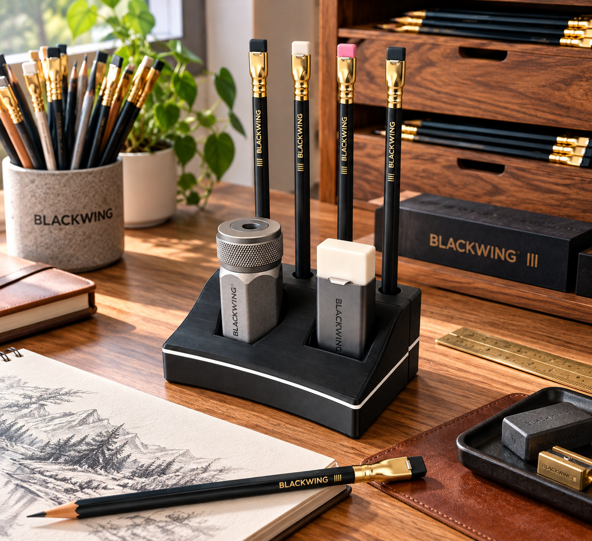 Blackwing Pencil Organizer & Desk Stand – Holder for 4 Pencils, Sharpener & Eraser