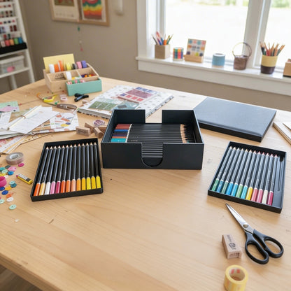 Desk with art supplies including colored pencils, scissors, and stationery items.