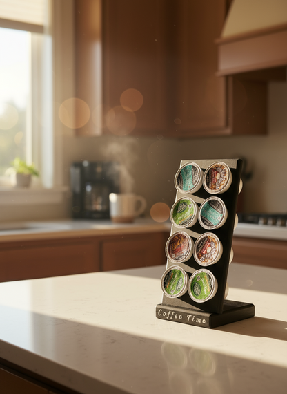 Coffee Time 8 K-cup holder showing compact countertop display with pods loaded
