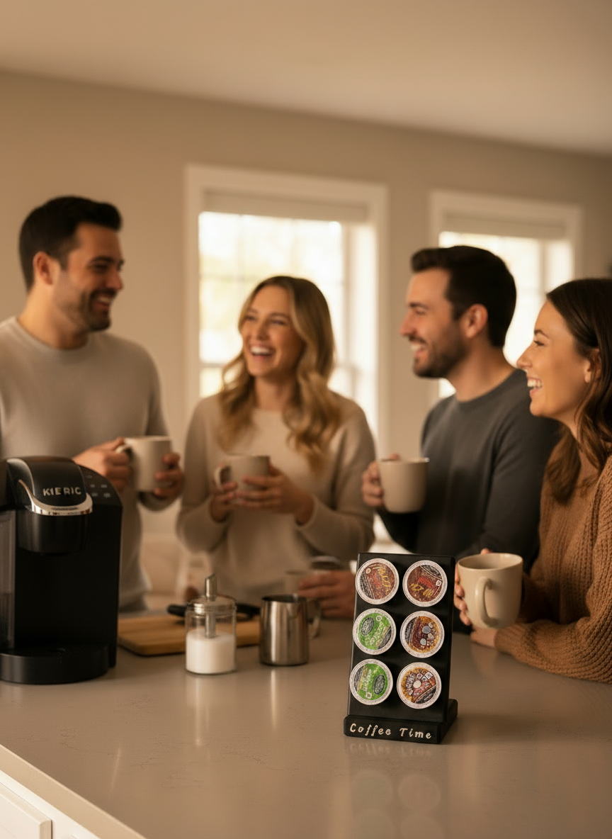 Coffee Time 8 pod K-cup display rack with assorted flavors loaded