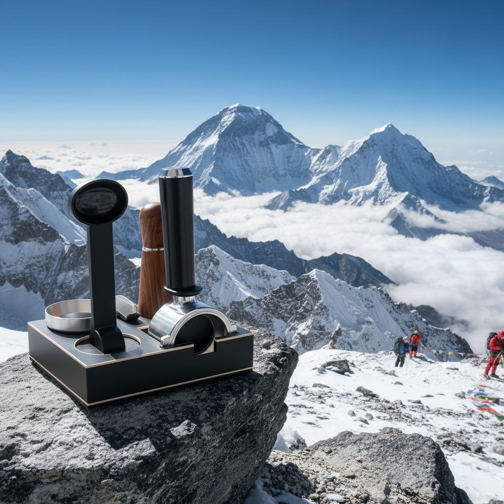 A 51mm large espresso accessories holder with a built-in portafilter, tamper, and distributor slots, displayed on a kitchen countertop.