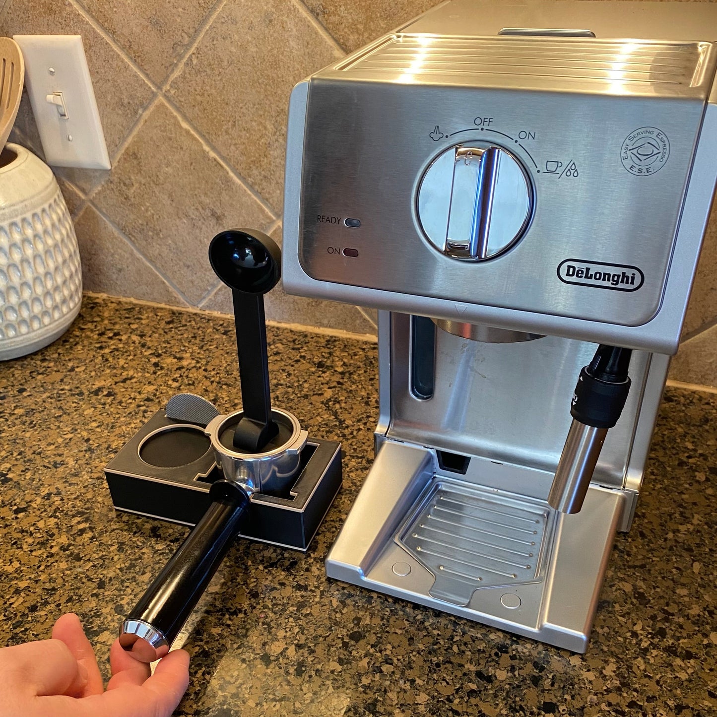 Mini espresso holder side view showing compact 6x3x1.5 inch footprint