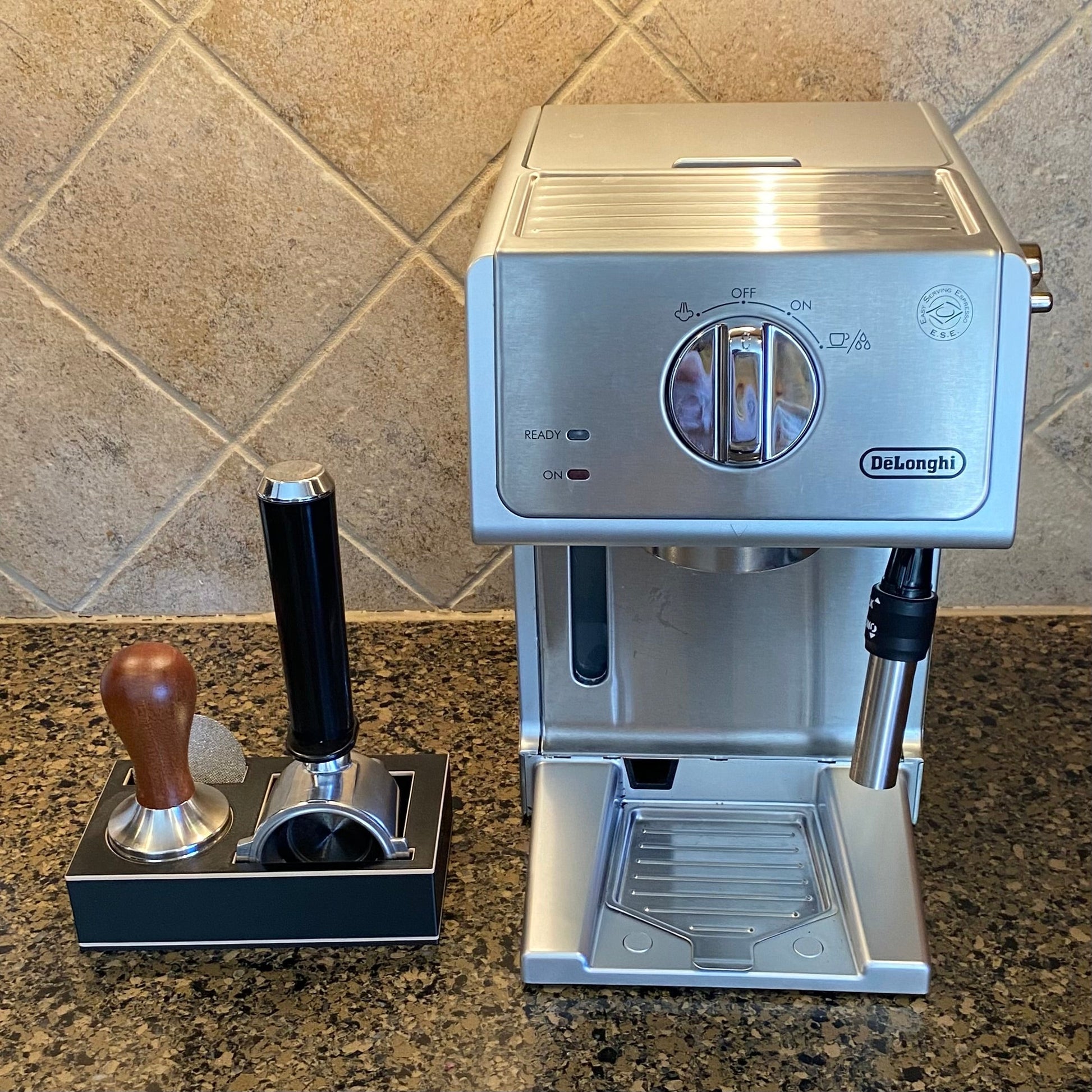 51mm Mini espresso tool holder angle view on kitchen counter