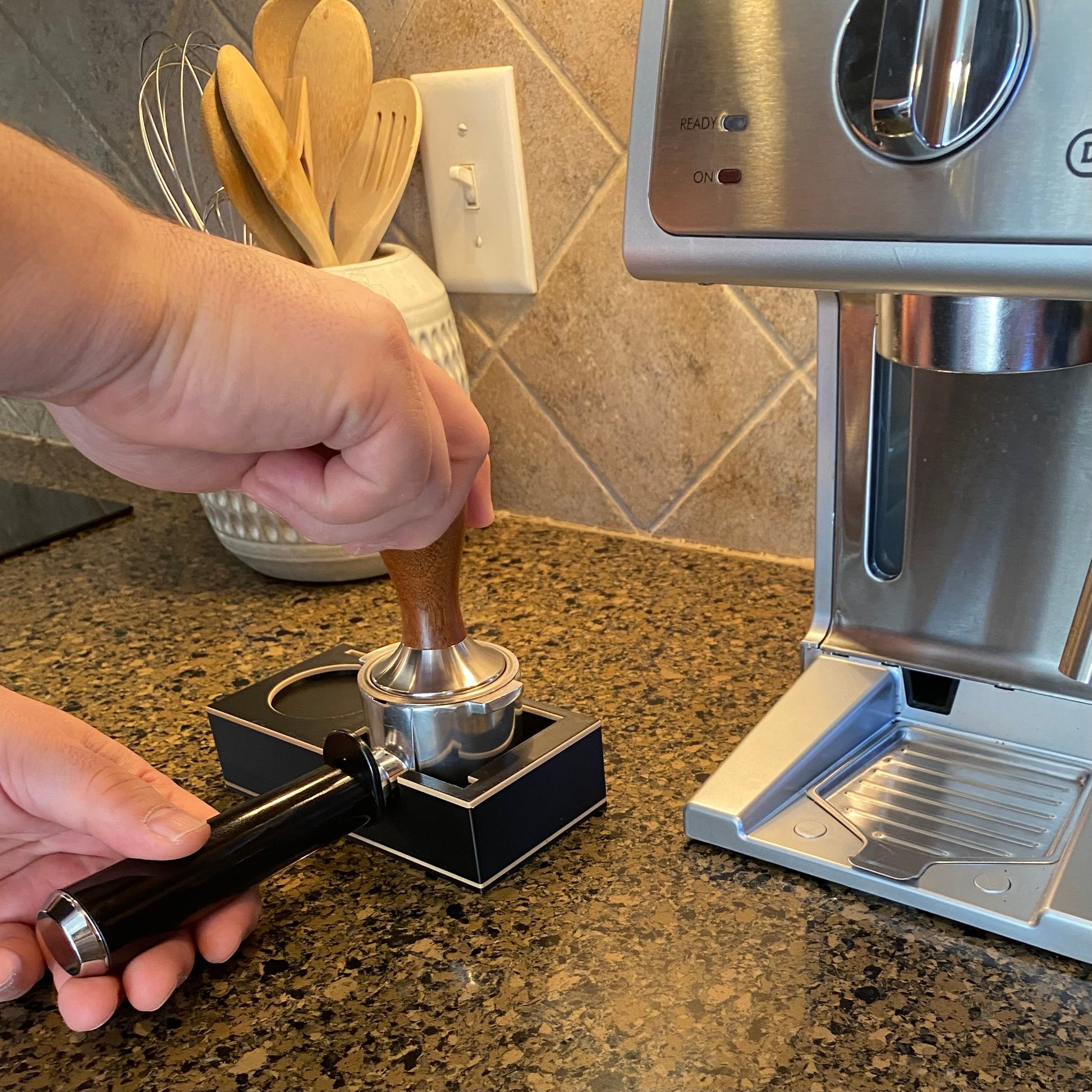 Mini espresso accessories holder with portafilter seated in holder