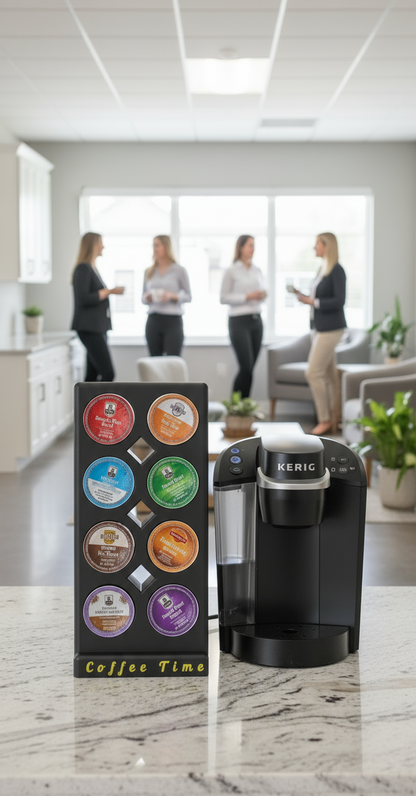 8 K-cup holder overhead view showing pod capacity and gold Coffee Time lettering