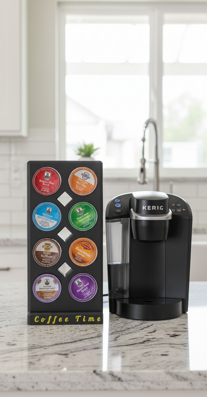 8 K-cup holder side view showing individual pod slots and black finish