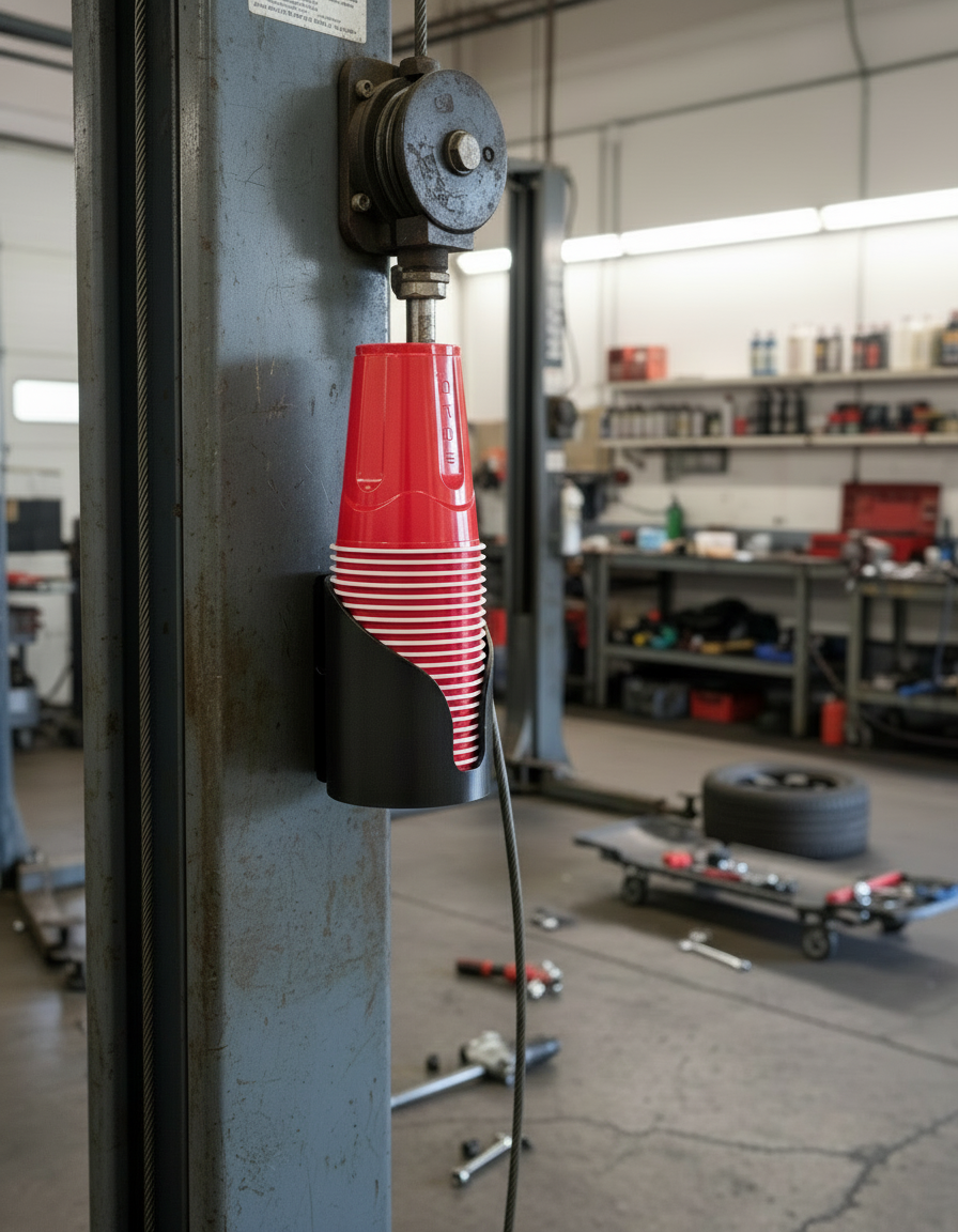 Red and black tool holder attached to a metal pole in a workshop setting