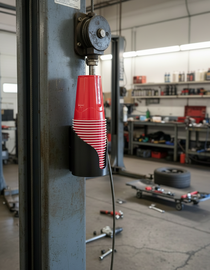 Red and black tool holder attached to a metal pole in a workshop setting