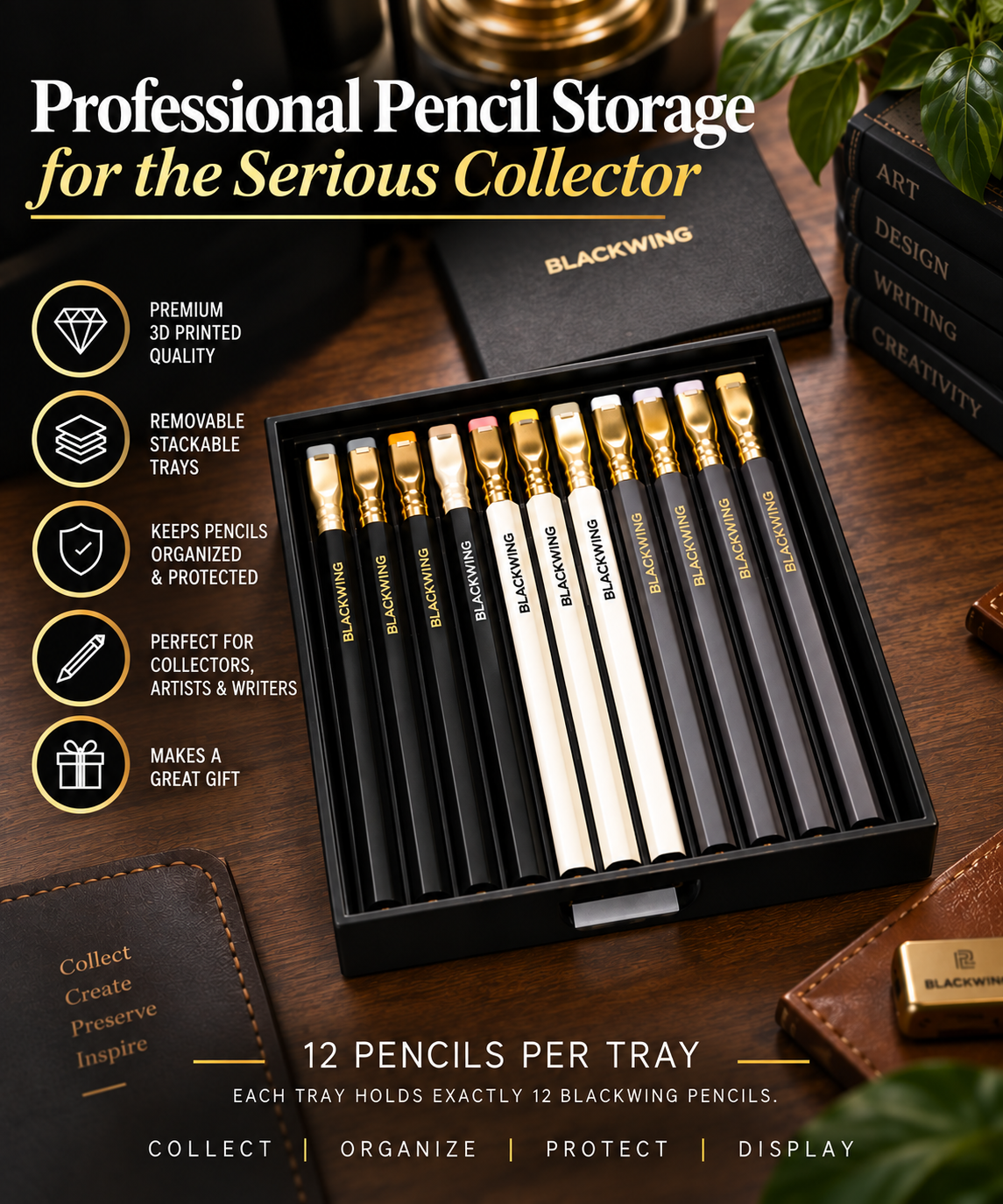 Removable pencil storage tray holding 12 Blackwing pencils