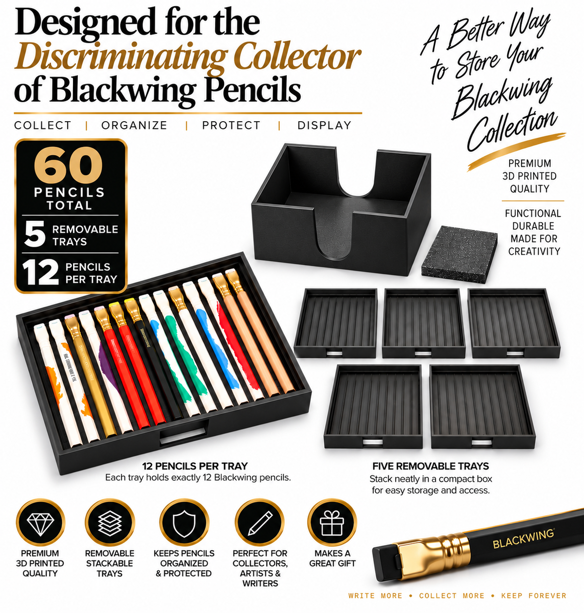 Y-Axis Printing five tray collector storage system for Blackwing pencils