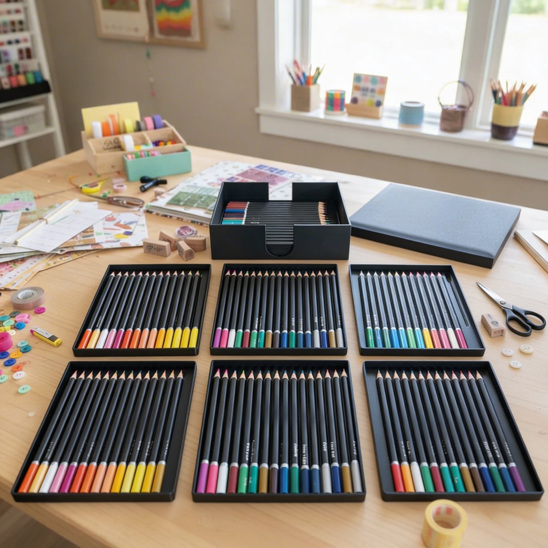 Set of colored pencils on a wooden table with art supplies in the background.