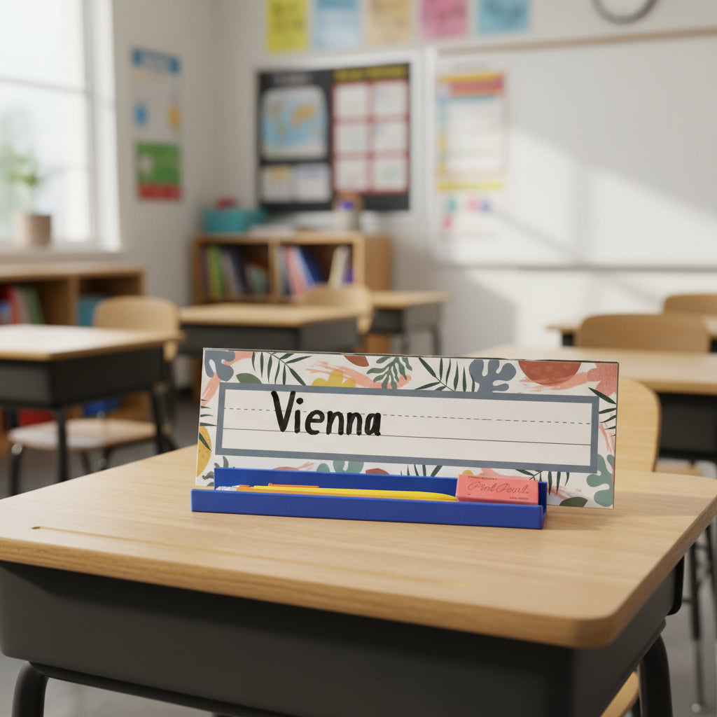 Nameplate with 'Vienna' on a classroom desk
