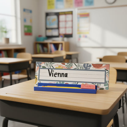 Nameplate with 'Vienna' on a classroom desk