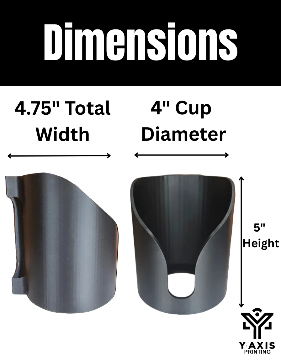 Cup holder dimensions with measurements and Y-axis Printing logo.