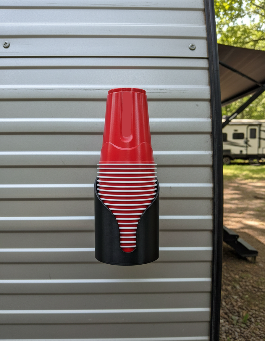 Red and black cup holder attached to a metal surface with trees in the background