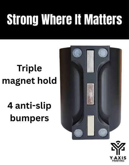 Product with magnetic features labeled 'Triple magnet hold' and '4 anti-slip bumpers' on a white background.